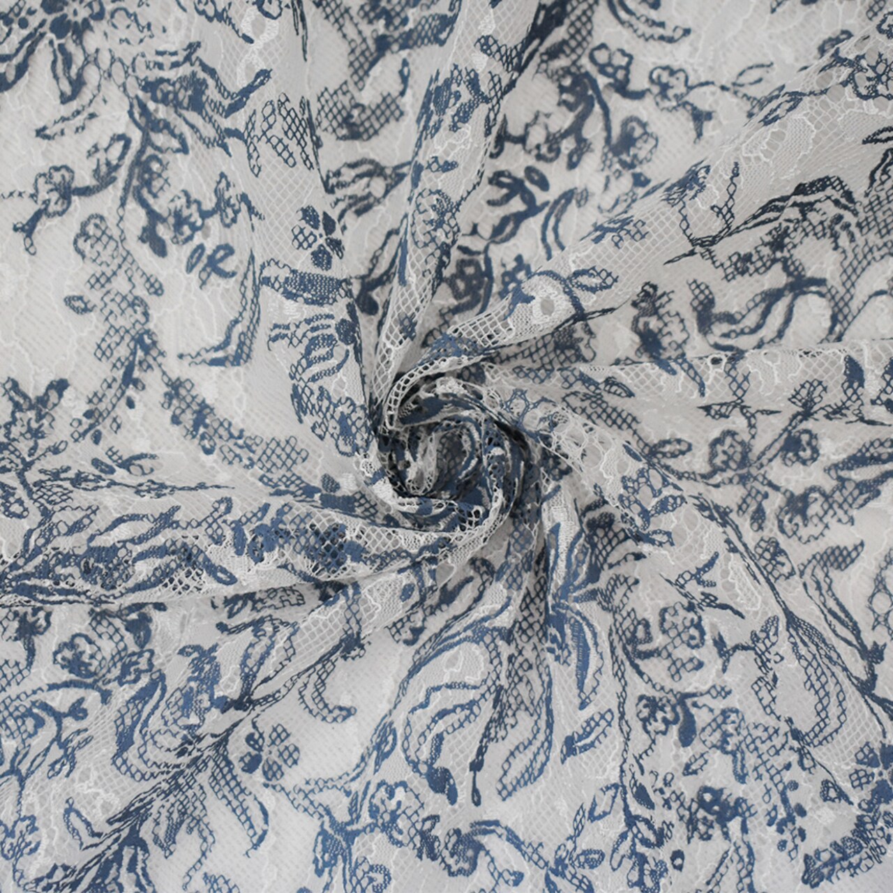 White-Blue Nylon Floral Vine Printed Lace Mesh Knit Fabric By the Yard